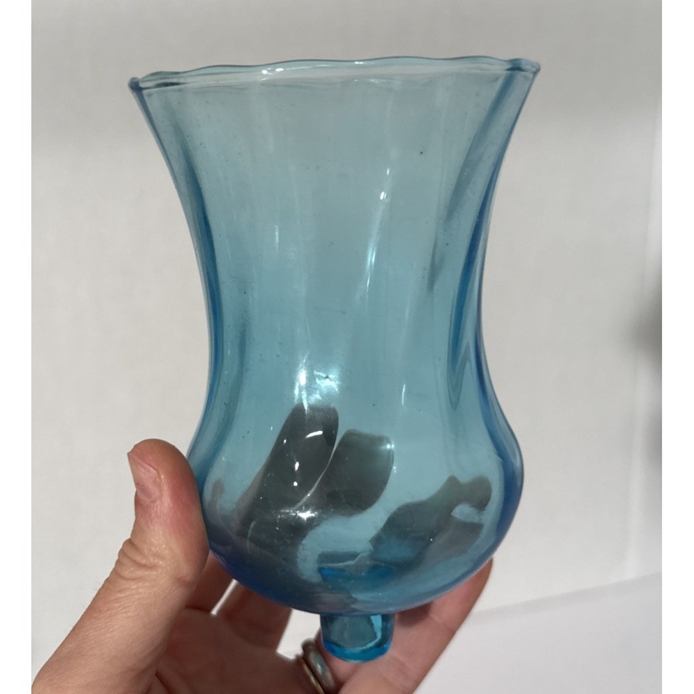 Vtg Blue/Turquoise Honeycomb/Swirl 5.5" Glass Peg Votive Cup Candle Holder Tulip